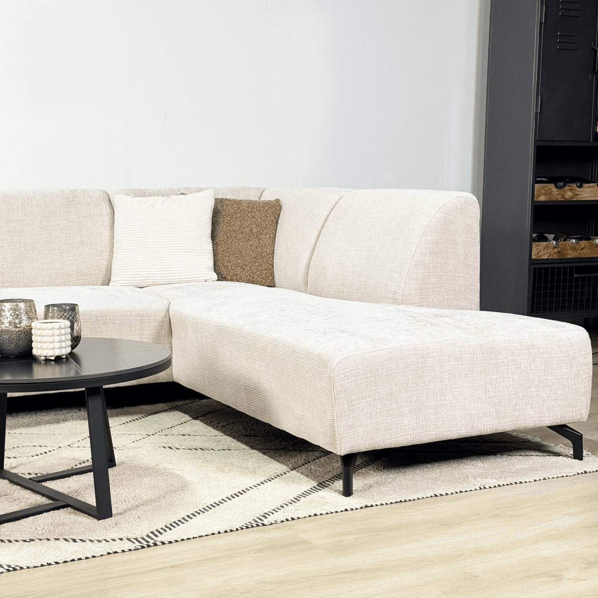 Ecksofa mit Chaiselongue aus beigem Chenille-Stoff Manon - rechts 