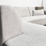 Ecksofa mit Chaiselongue aus beigem Chenille-Stoff Manon - links 