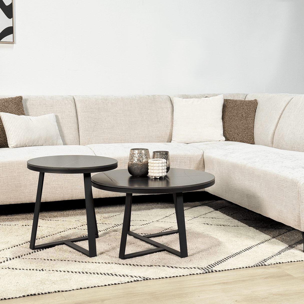 Ecksofa mit Chaiselongue aus beigem Chenille-Stoff Manon - rechts 