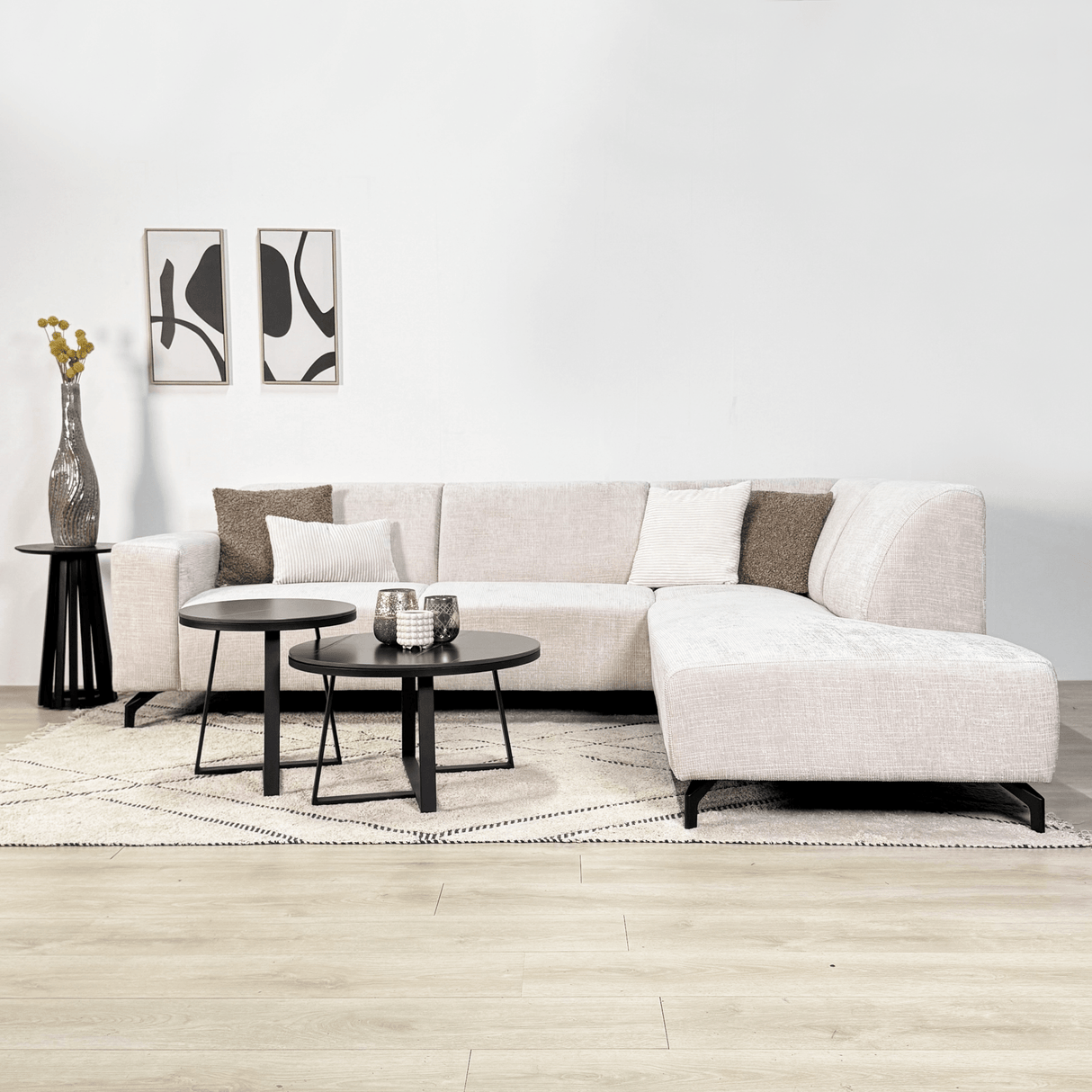 Ecksofa mit Chaiselongue aus beigem Chenille-Stoff Manon - rechts 