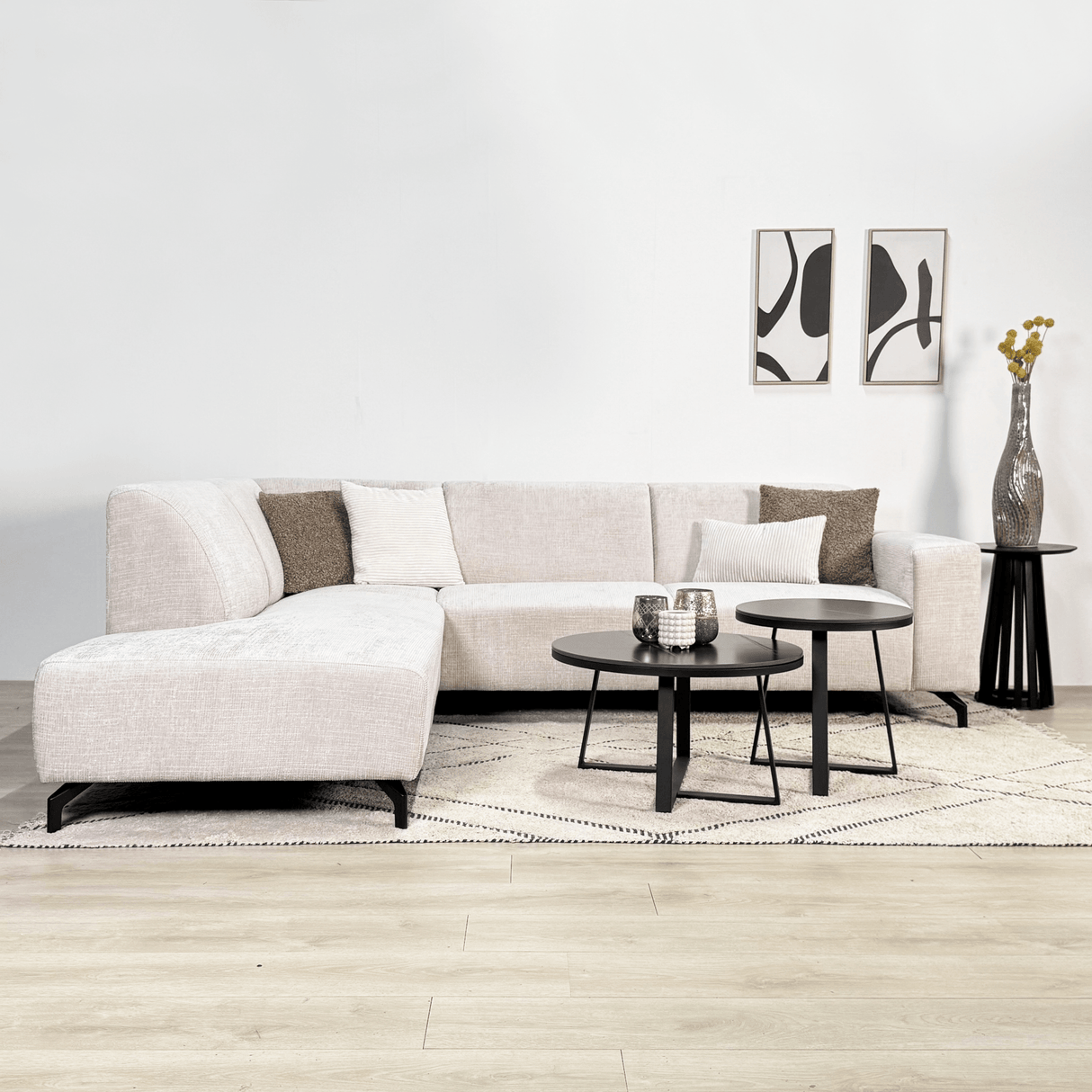 Ecksofa mit Chaiselongue aus beigem Chenille-Stoff Manon - links 