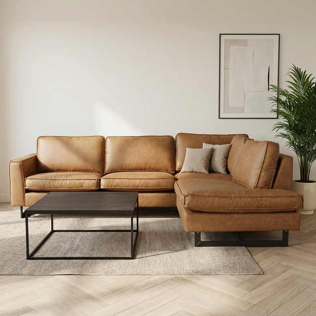 Hoekbank cognac microvezel Tulin - rechts sfeerfoto in modern interieur