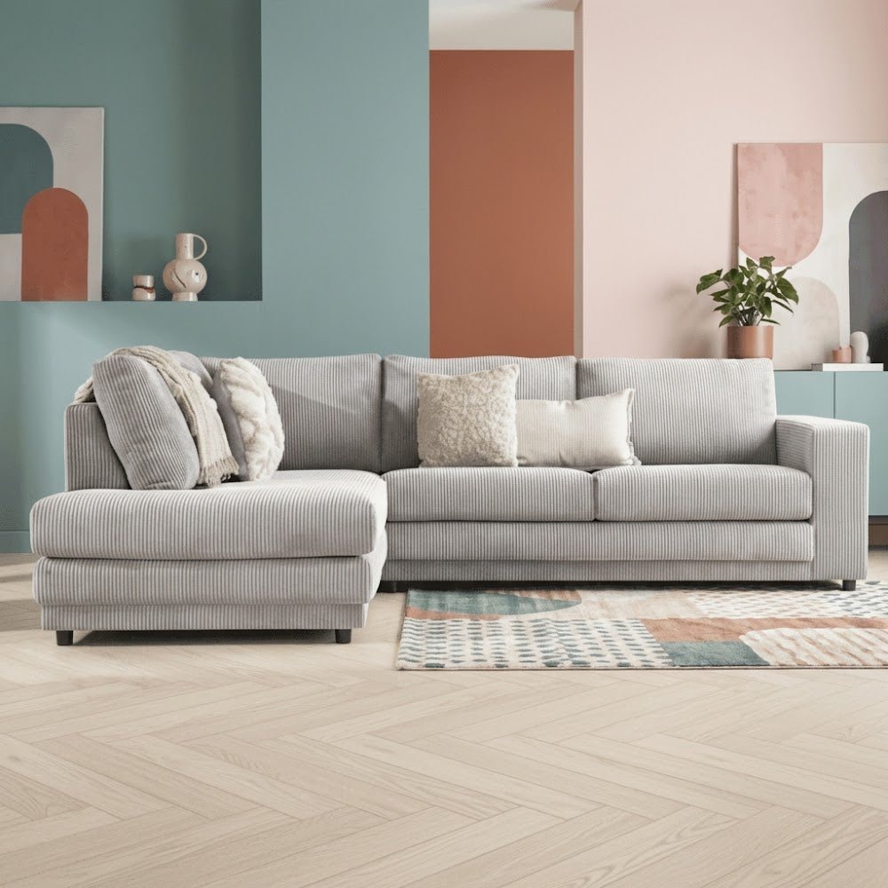 Ecksofa hellgraues Rippstoff-Sofagarnitur Gabi - links 