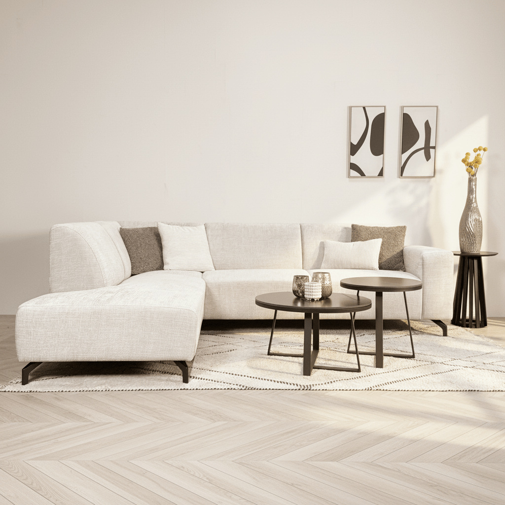 Ecksofa mit Chaiselongue aus beigem Chenille-Stoff Manon - links 