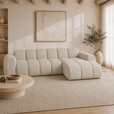 Ecksofa mit Lounge-beigem Samtstrukturstoff – Streifen – rechts – Brix