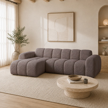 Ecksofa mit Lounge-weichem braunem Bouclé-Stoff – Streifen – links – Brix