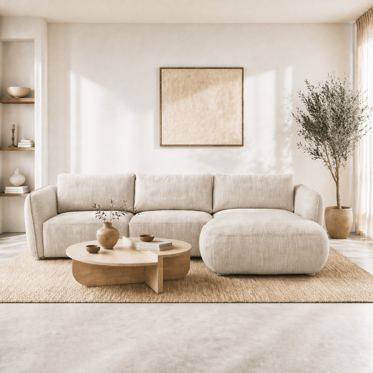 Ecksofa runde lange beige Samtstrukturstoff Dwayne - rechts