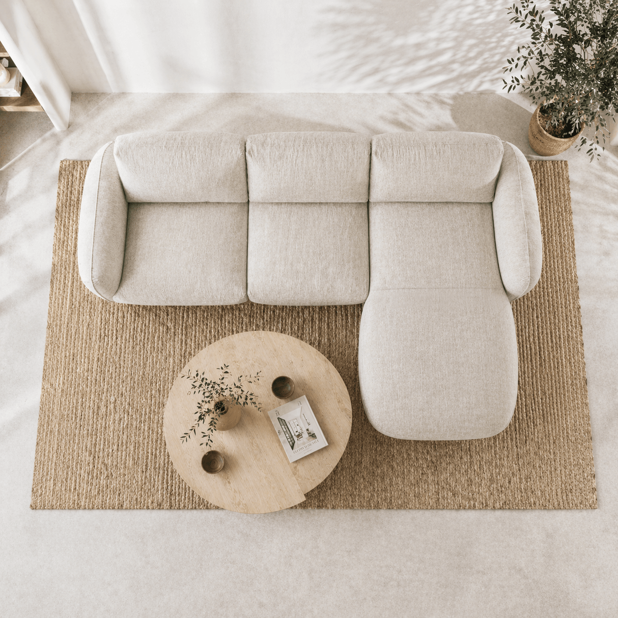 Ecksofa runde lange beige Samtstrukturstoff Dwayne - rechts