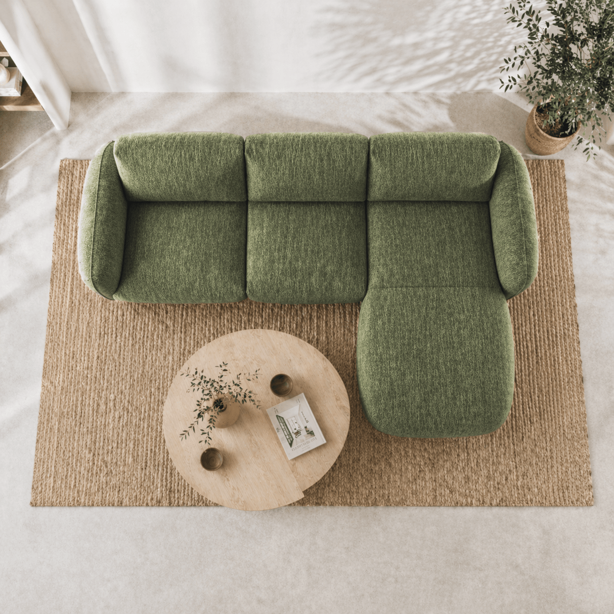 Ecksofa Runder Lounge-Stoff aus olivgrünem Samt mit Struktur Dwayne – rechts