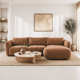 Ecksofa, rundes Longue-Sofa aus kupferfarbenem Samt mit Strukturstoff Dwayne – rechts