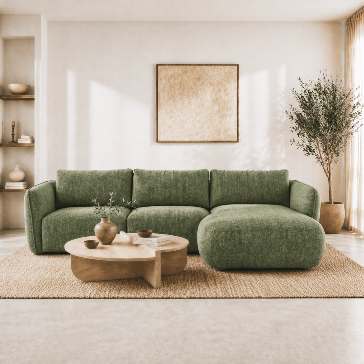 Ecksofa Runder Lounge-Stoff aus olivgrünem Samt mit Struktur Dwayne – rechts