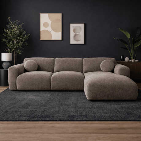 Ecksofa mit taupefarbenem Chenille-Bezug, Modell Shane - rechts