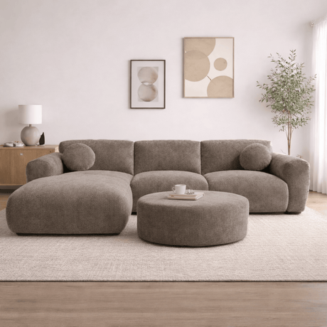 Ecksofa mit taupefarbenem Chenille-Bezug, Modell Shane - links
