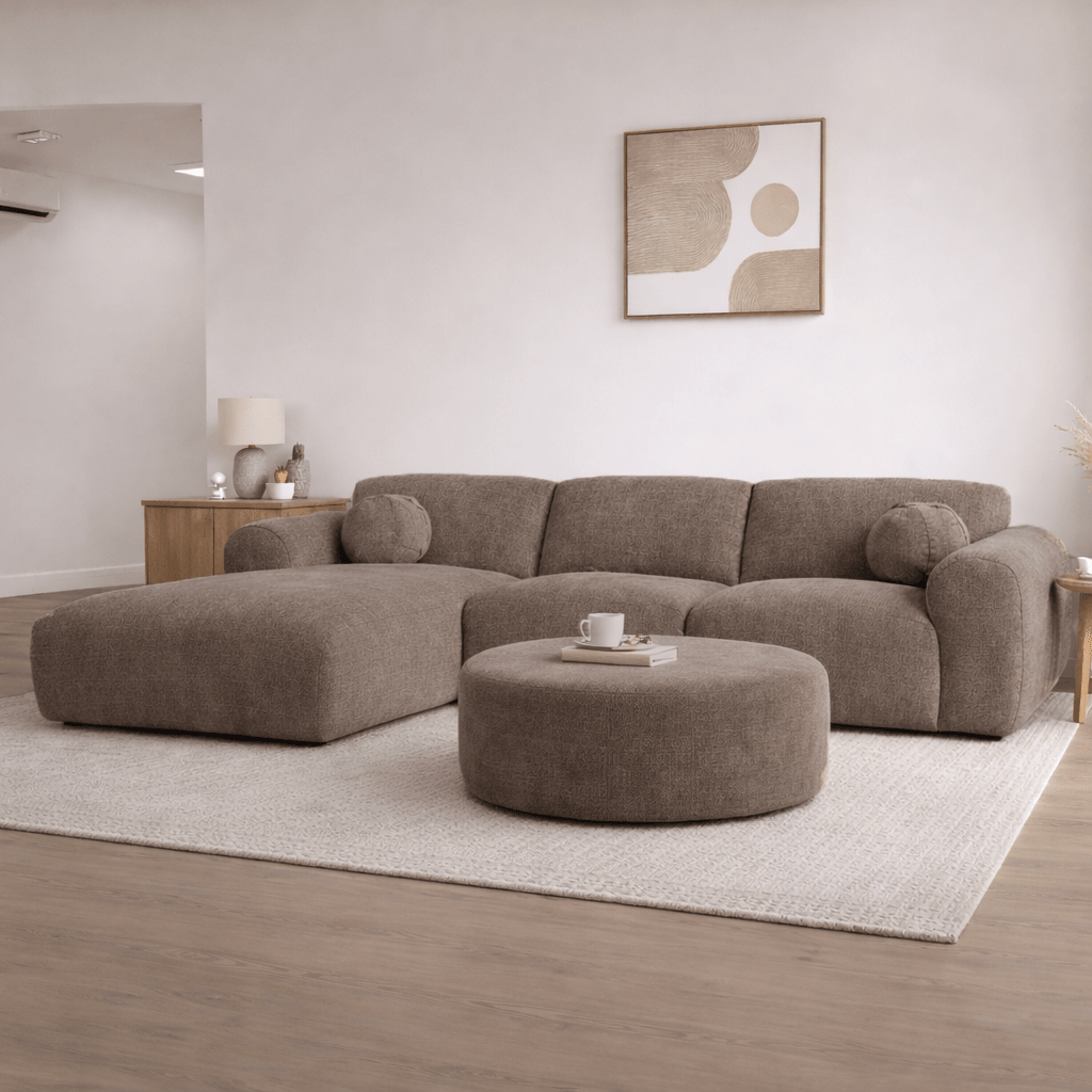 Banken - Hoekbank taupe chenille stof - 292x169 cm - Shane - links - Dimehouse
