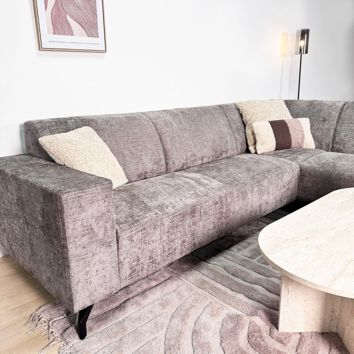 Ecksofa mit Chaiselongue in Taupe Chenille Stoff Manon - rechts 