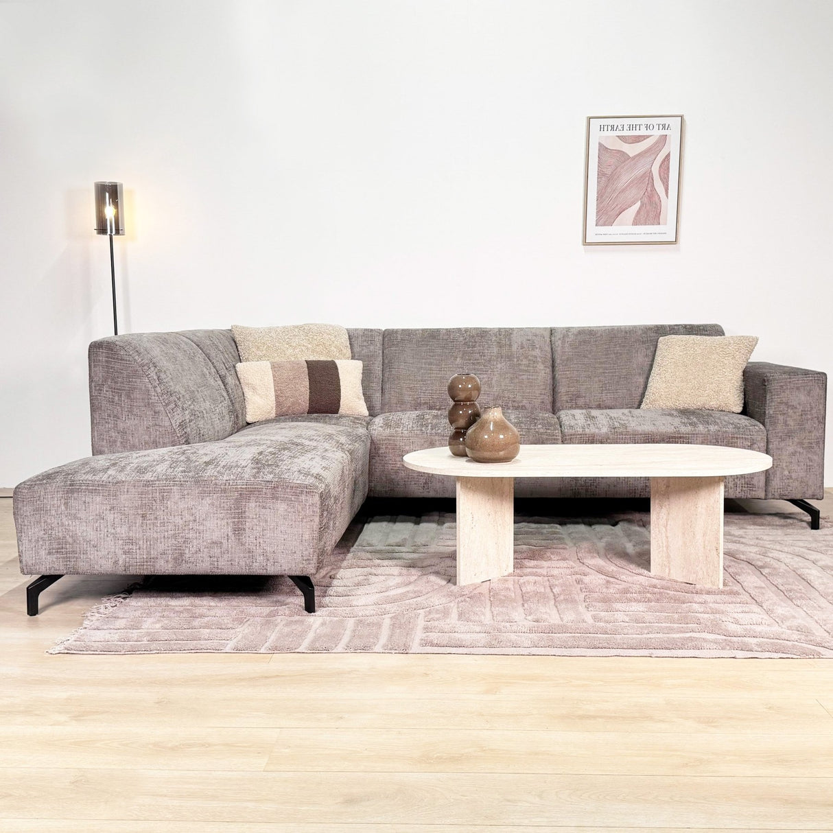 Ecksofa mit Chaiselongue in Taupe Chenille Stoff Manon - links 