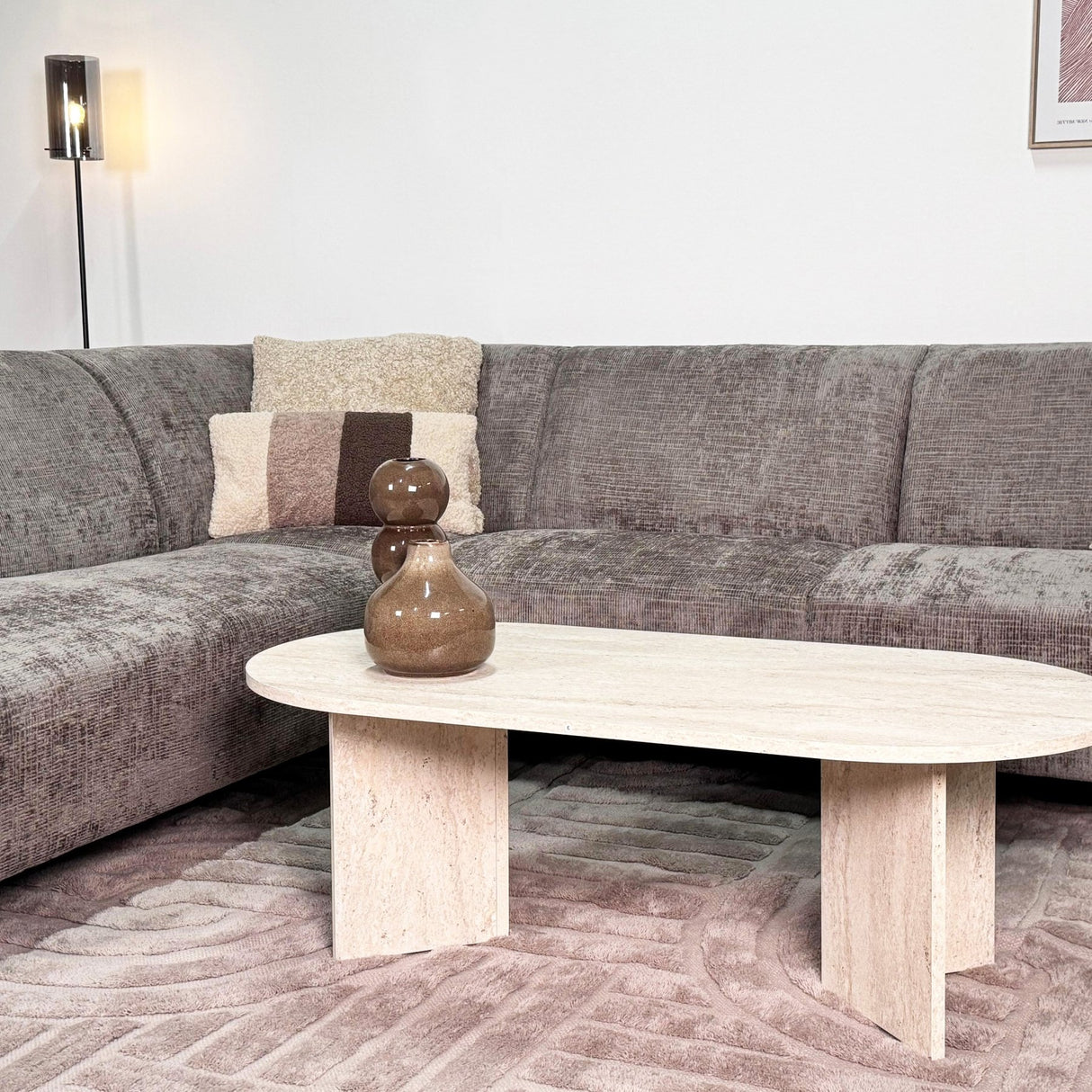 Ecksofa mit Chaiselongue in Taupe Chenille Stoff Manon - links 