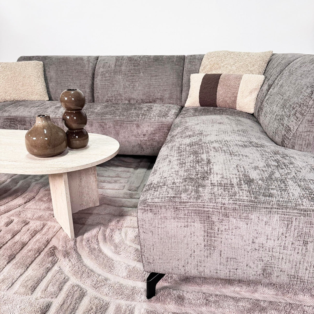 Ecksofa mit Chaiselongue in Taupe Chenille Stoff Manon - rechts 