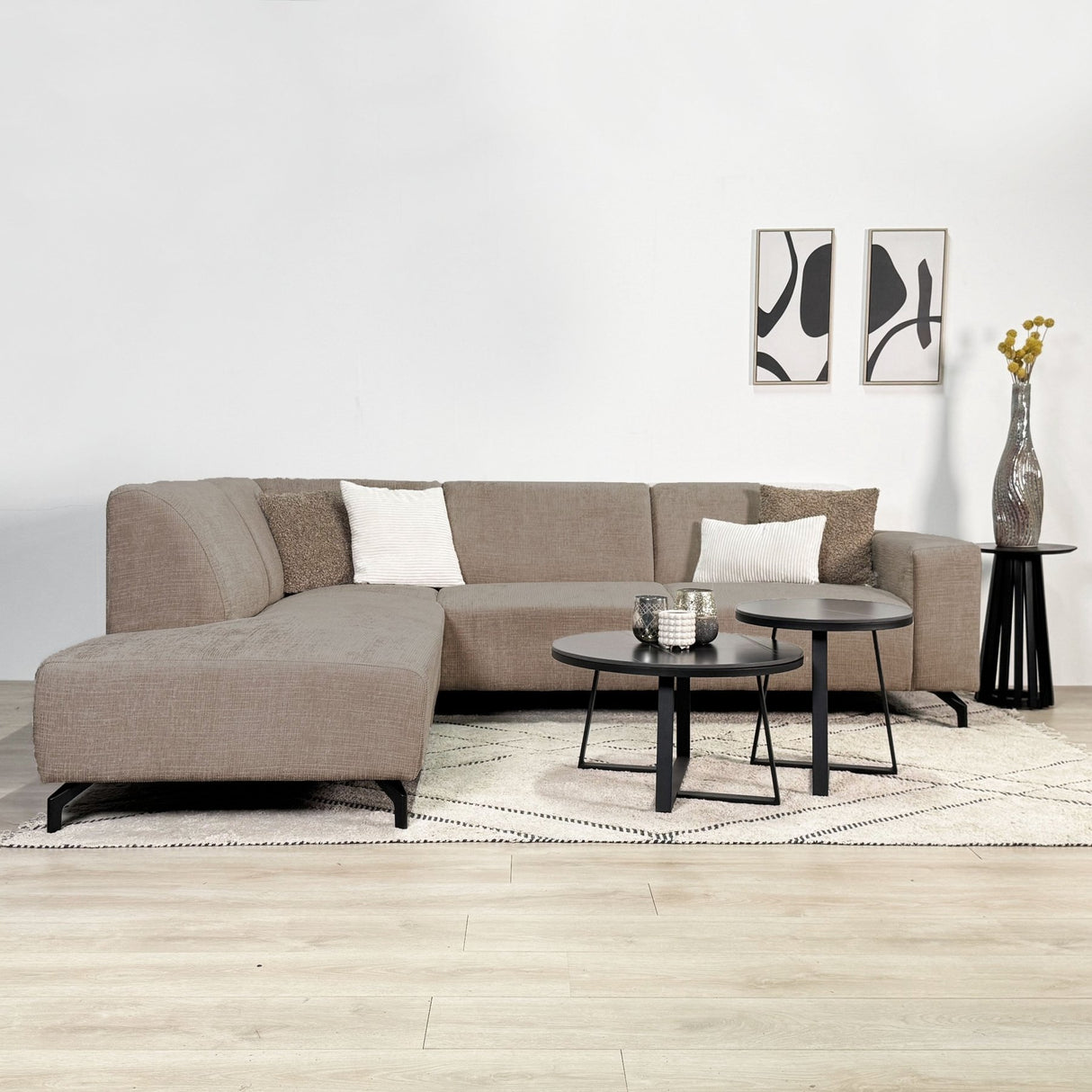 Ecksofa aus taupefarbenem Chenille-Stoff mit linker Chaiselongue Manon 