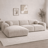 Ecksofa mit beigefarbenem Chenille-Stoffbezug, Modell Shane - links