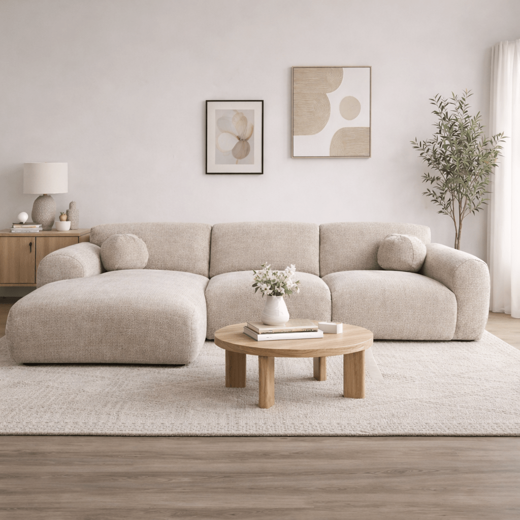 Ecksofa aus beigem Chenillestoff – 292 x 169 cm – Shane – links