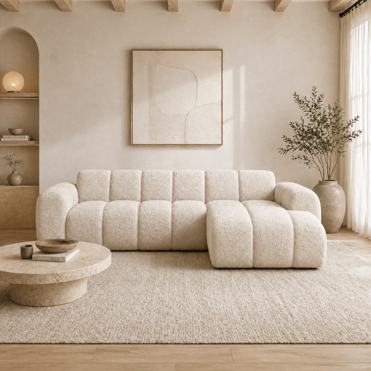 Ecksofa mit Lounge-Beige-Bouclé-Stoff – Streifen – rechts – Brix