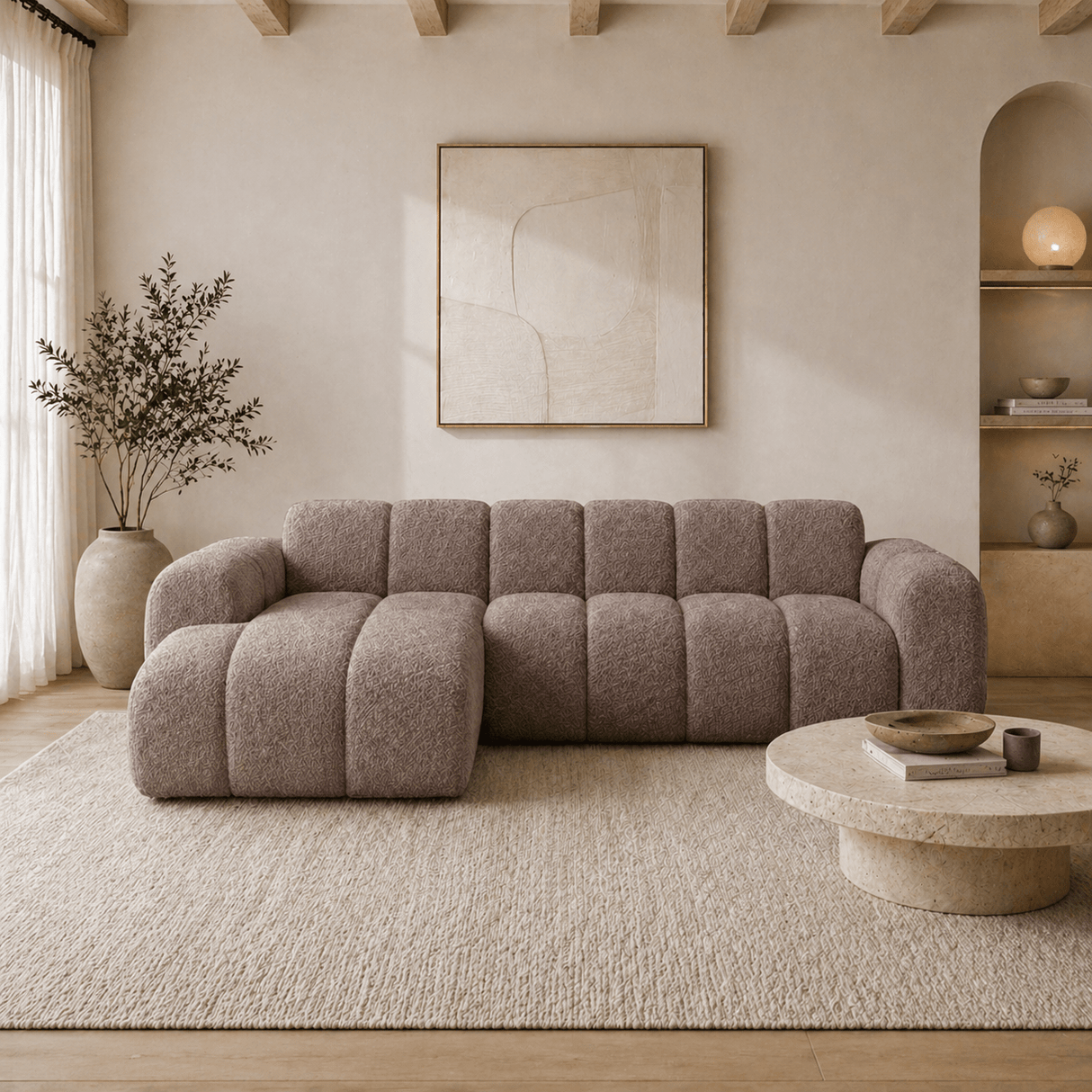 Ecksofa mit Lounge-Stoff aus weichem braunem Bouclé – Streifen – links – Brix