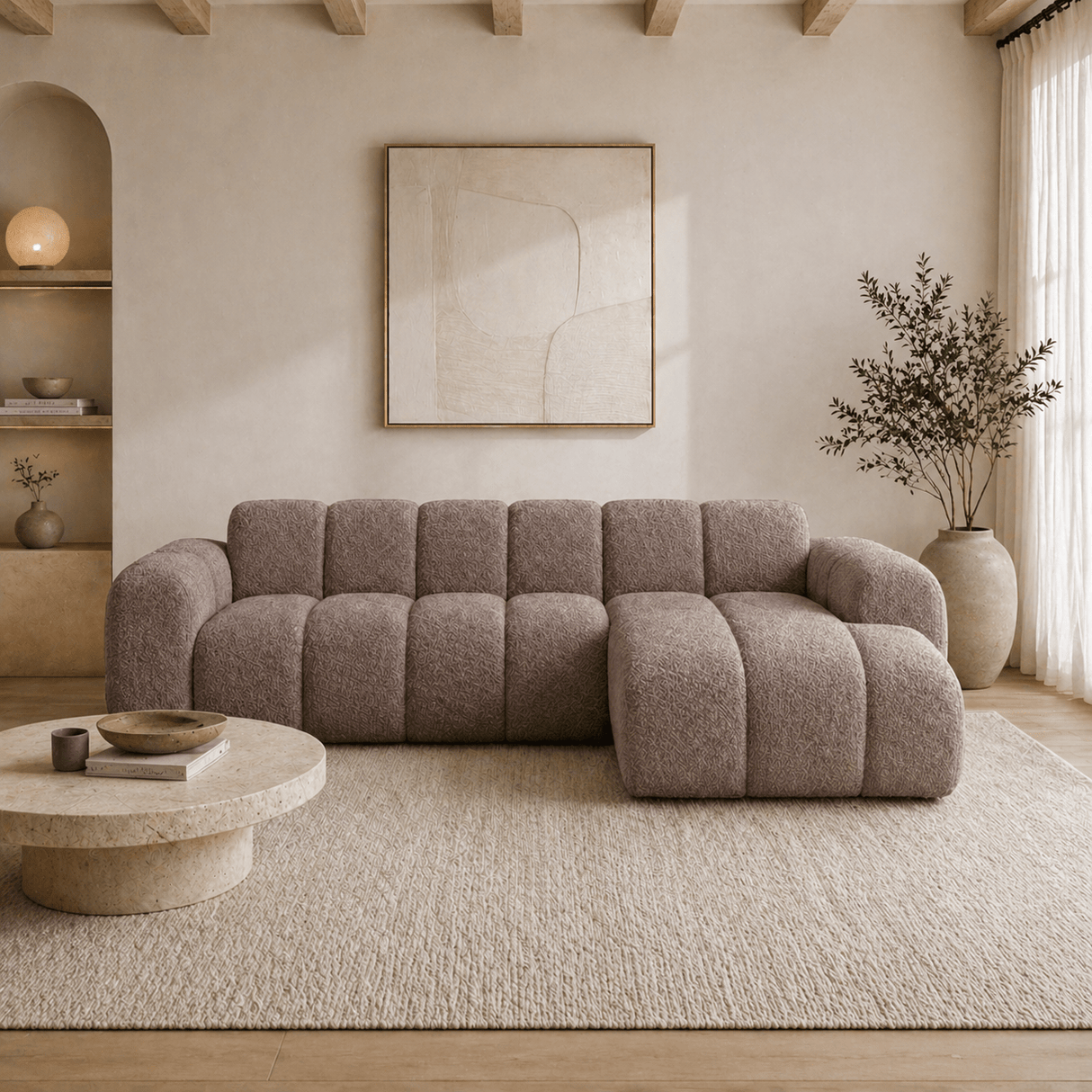 Ecksofa mit Lounge-Stoff aus weichem braunem Bouclé – Streifen – rechts – Brix