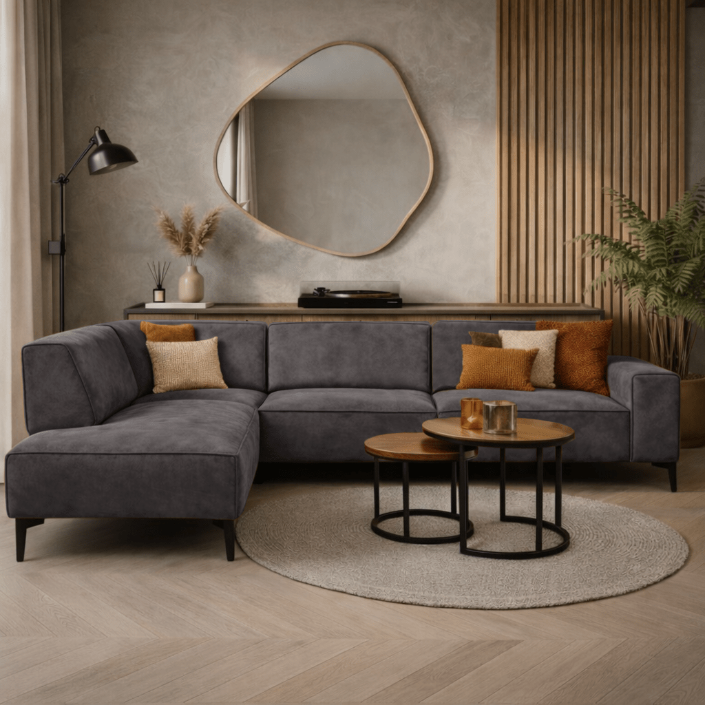 Industrielles Ecksofa aus anthrazitfarbenem Öko-Leder Brisbane – links