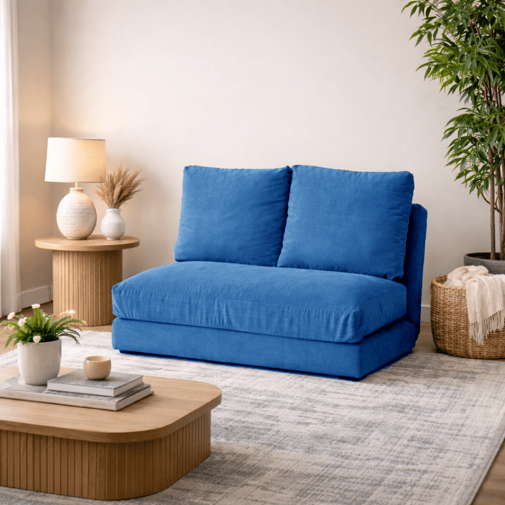 Schlafsofa Japandi-Zweisitzer aus blauem Stoff – niedrige Rückenlehne und verstellbar – Taida