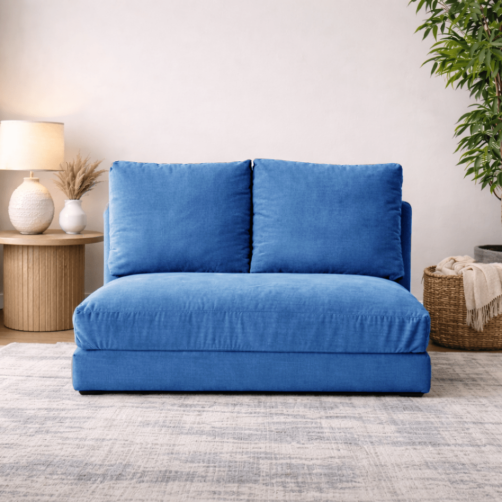 Schlafsofa Japandi-Zweisitzer aus blauem Stoff – niedrige Rückenlehne und verstellbar – Taida