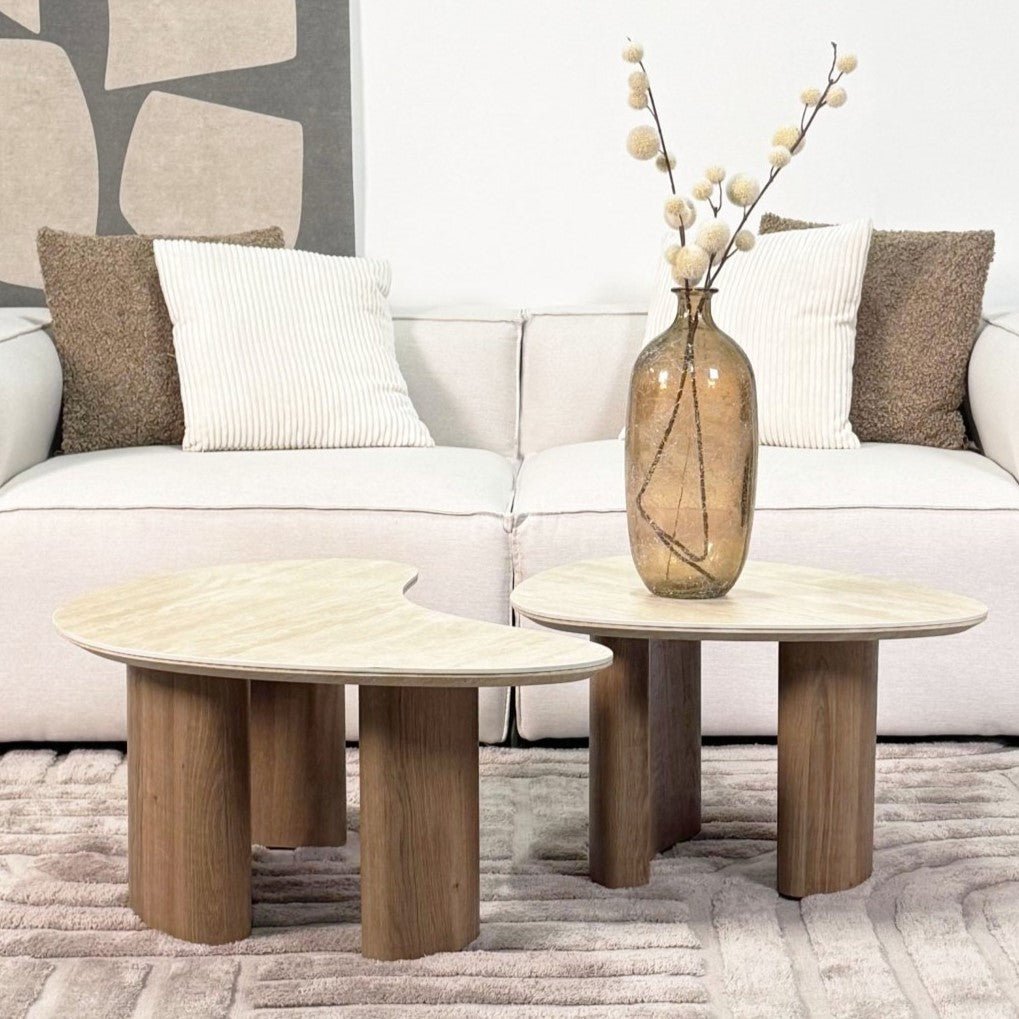 Couchtisch Set von 2 Jimi Travertinplatte mit Walnussgestell 