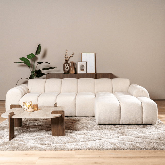 Banken-Hoekbank met lounge beige bouclé stof - strepen - rechts - Brix-Dimehouse