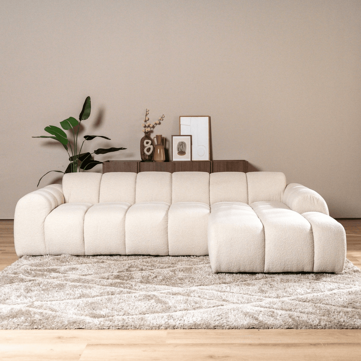 Banken-Hoekbank met lounge beige bouclé stof - strepen - rechts - Brix-Dimehouse