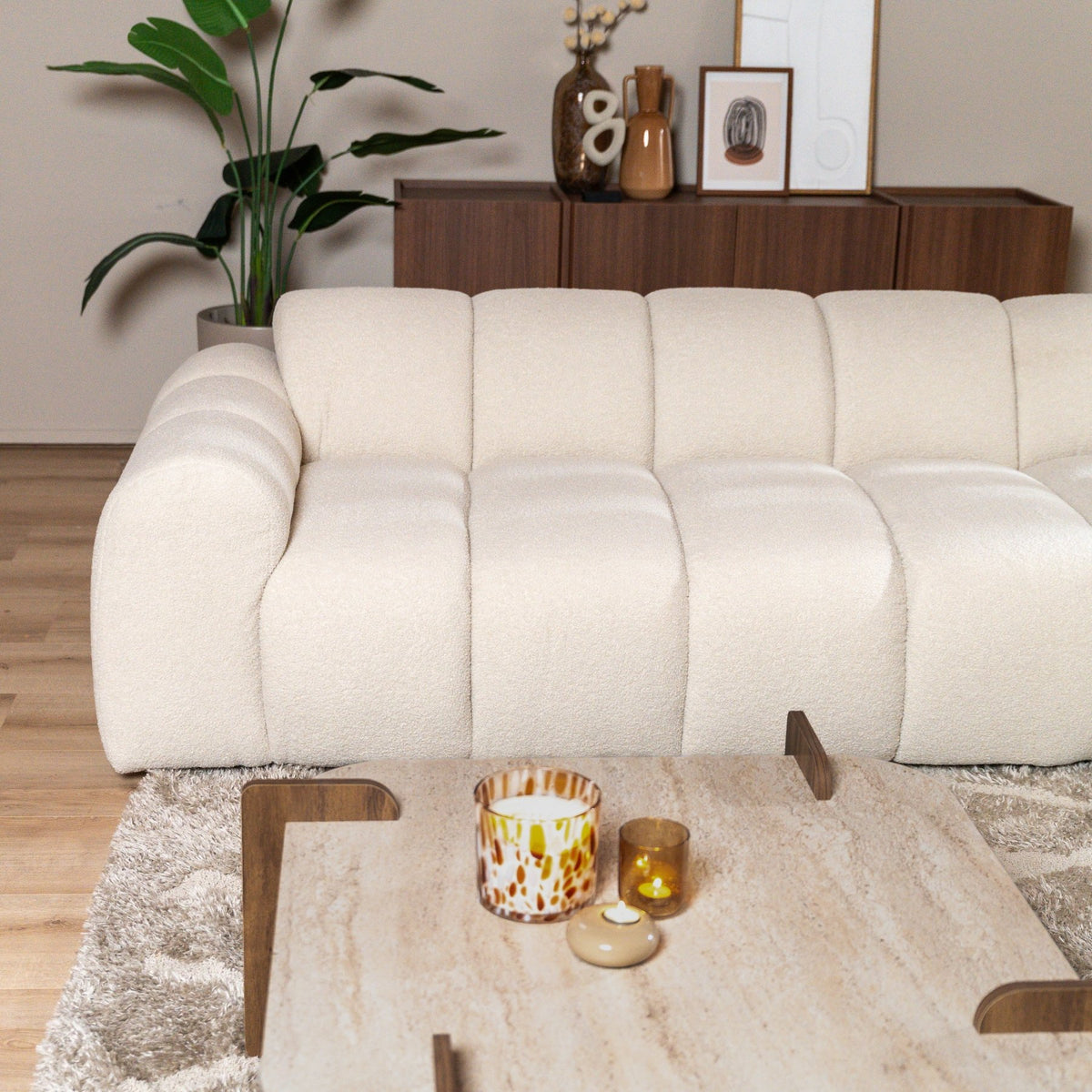 Banken-Hoekbank met lounge beige bouclé stof - strepen - rechts - Brix-Dimehouse