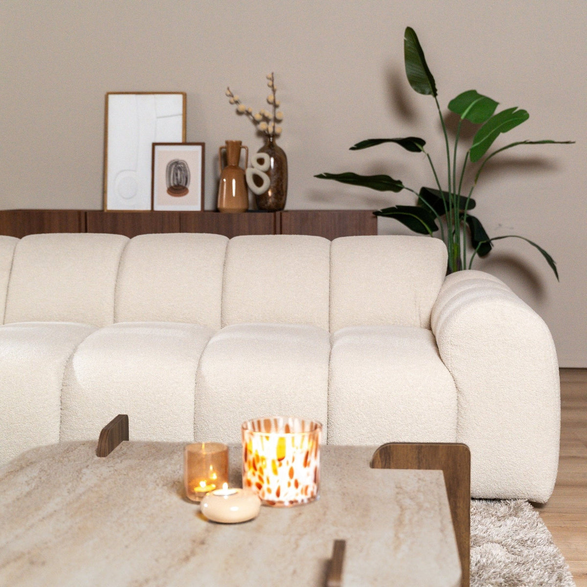 Banken-Hoekbank met lounge beige bouclé stof - strepen - links - Brix-Dimehouse