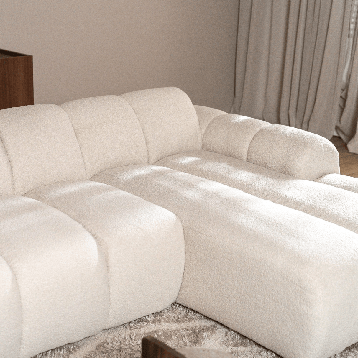 Banken-Hoekbank met lounge beige bouclé stof - strepen - rechts - Brix-Dimehouse