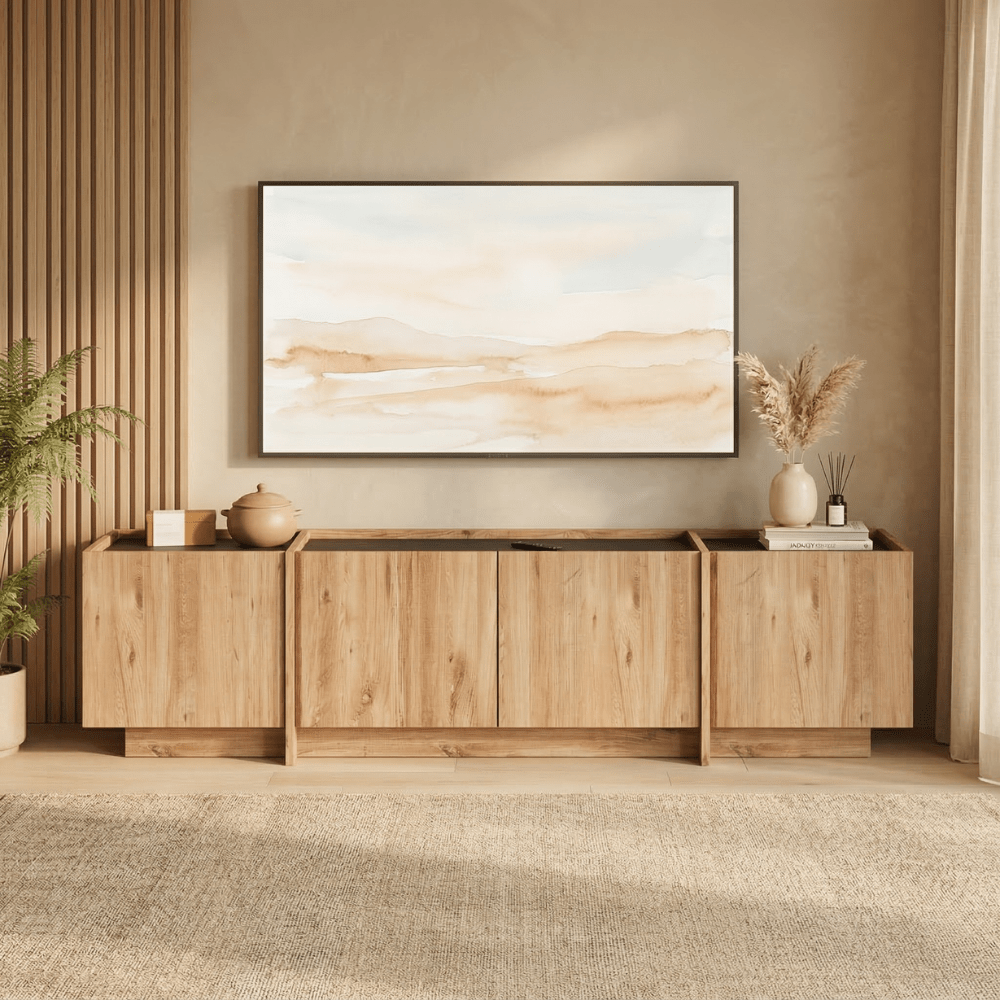 TV-Schrank Japandi Eichenoptik Melamin Anthrazit Lowen 180 cm