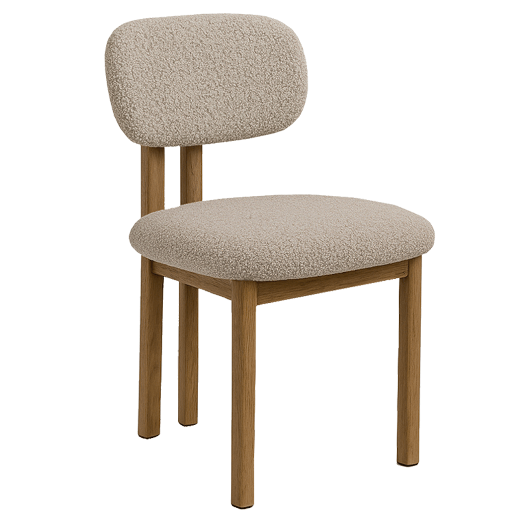 Japandi Esszimmerstuhl Miyo Bouclé Sandfarbe - Eichenlook Rahmen 