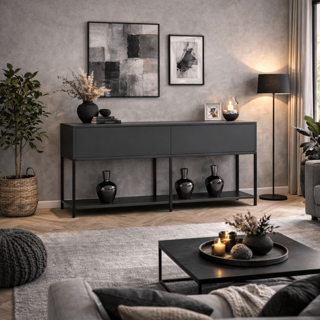 Modern Sideboard Anthrazit Lord 150x30x80 - Schwarzer Rahmen - Zwei Fächer