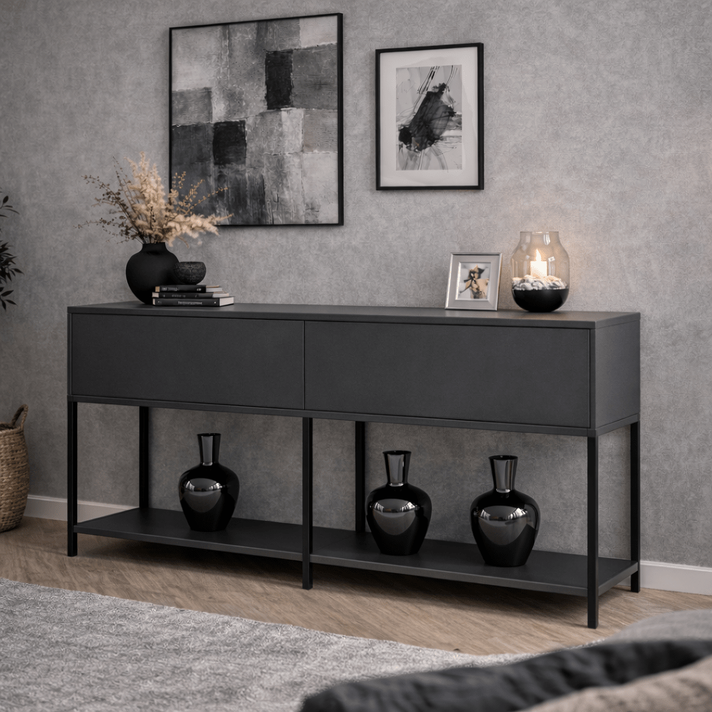 Modern Sideboard Anthrazit Lord 150x30x80 - Schwarzer Rahmen - Zwei Fächer
