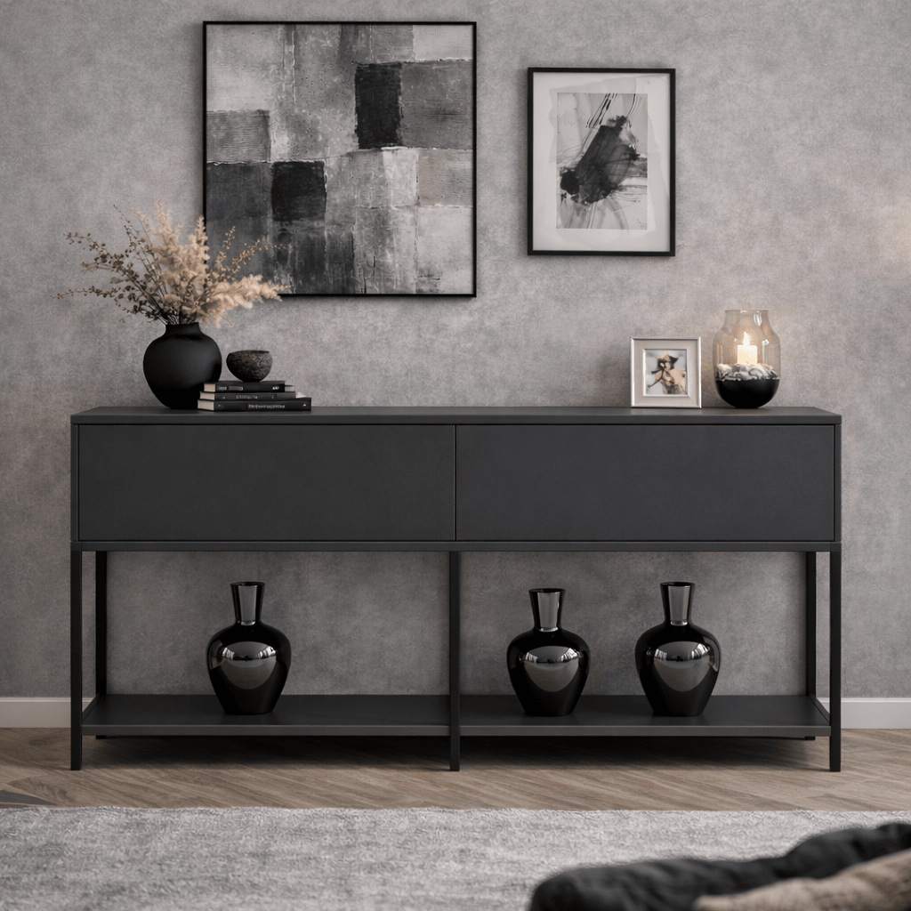 Modern Sideboard Anthrazit Lord 150x30x80 - Schwarzer Rahmen - Zwei Fächer