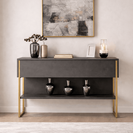 Modernes Sideboard Anthrazit Luxus 120x80x30 - Goldener Rahmen - Ein Fach 