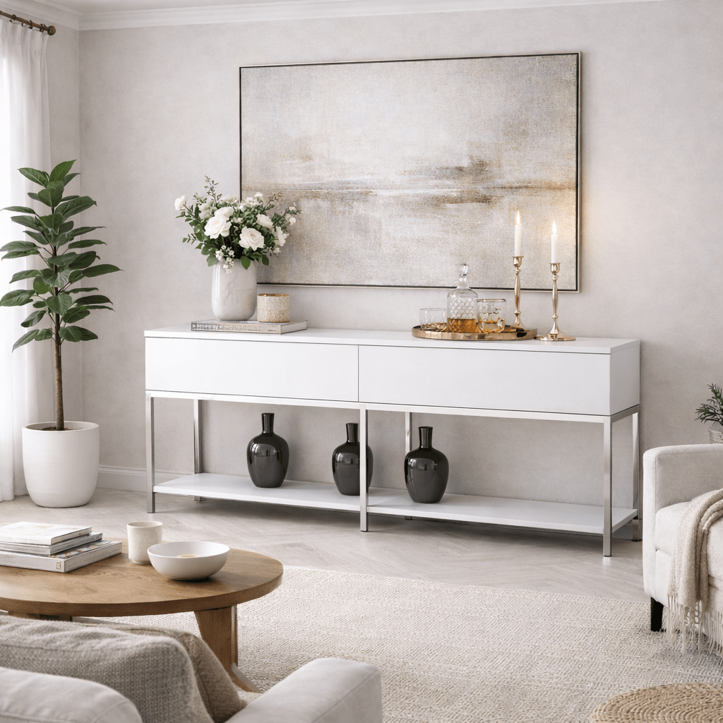 Moderne Kommode White Lord 150x30x80 - Silberner Rahmen - Zwei Fächer