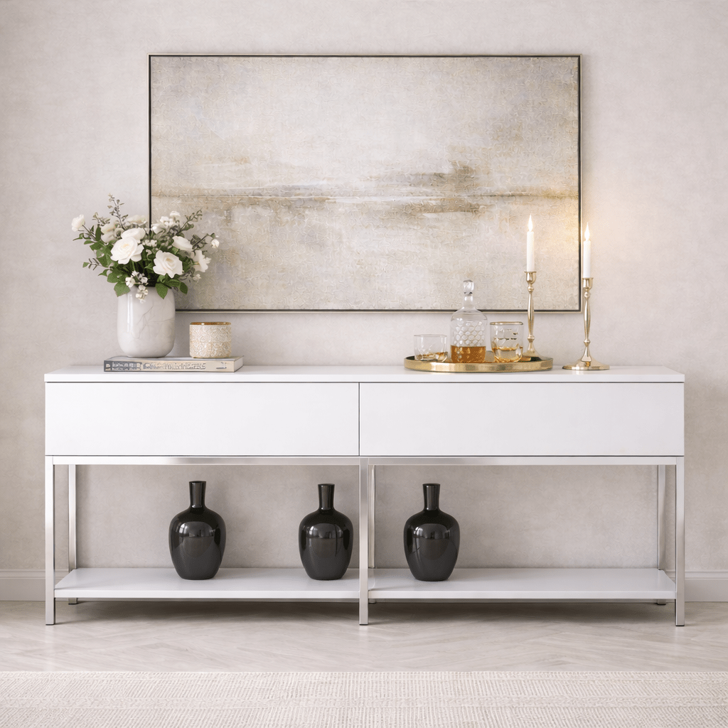 Moderne Kommode White Lord 150x30x80 - Silberner Rahmen - Zwei Fächer