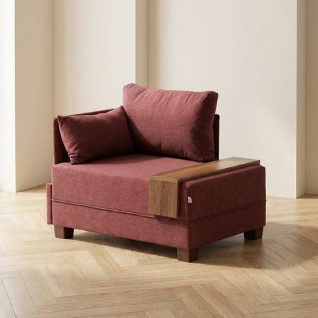 Moderne Fauteuil Bordeaux Rood Stof Fly - Links - Met Houten Tafeltje sfeerfoto in modern interieur