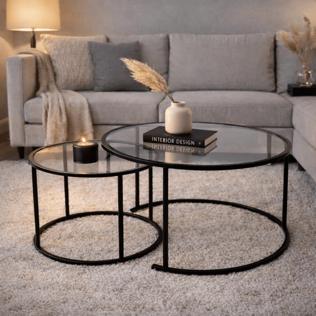 Moderne Runde Couchtisch-Set aus 2 Uru Schwarz - Transparentes Glas - 80/60 cm 