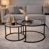 Moderne Runde Couchtisch-Set aus 2 Uru Schwarz - Transparentes Glas - 80/60 cm 