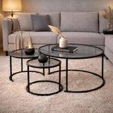 Modern Couchtisch 3er-Set Uru Schwarz - Graues Glas - 80/60/42 cm