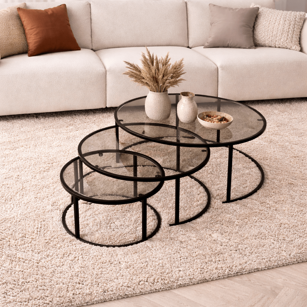 Modern Couchtisch 3er-Set Uru Schwarz - Graues Glas - 80/60/42 cm